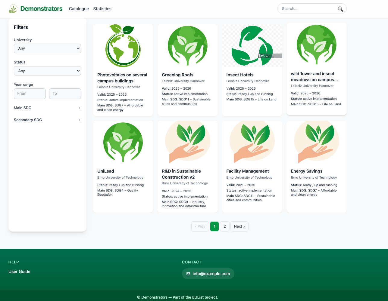 Catalogue page with filters and cards